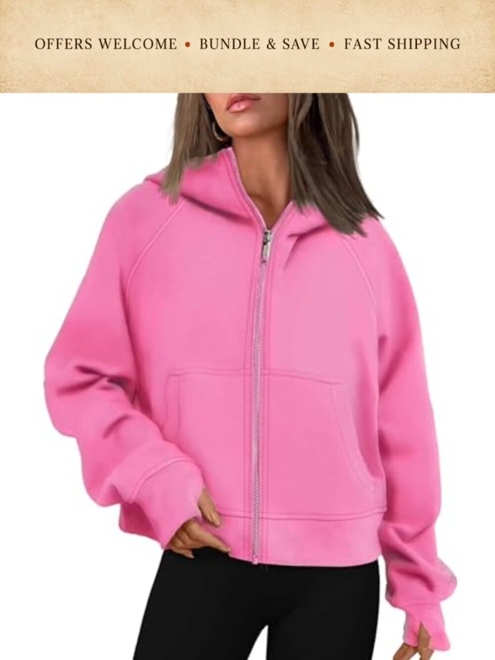 Women's Full Zip Fleece Lined Crop Hoodie Thumb Hole Workout Top